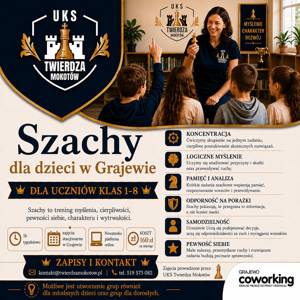 Szachy dla dzieci w Grajewie — UKS Twierdza Mokotów, zajęcia w Coworking Grajewo